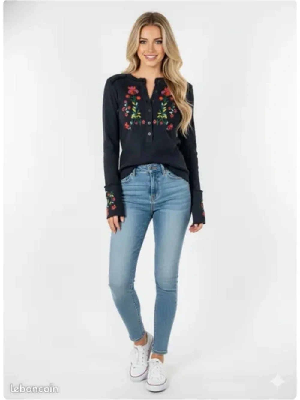 Free People Fleur Embroidered Cuff Henley - Picture 2 of 11